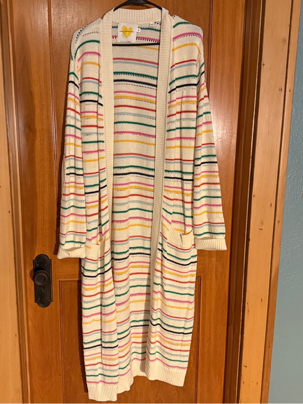 Kerri Rosenthal Long Open-Front Cream Striped Cardigan Sweater - Medium